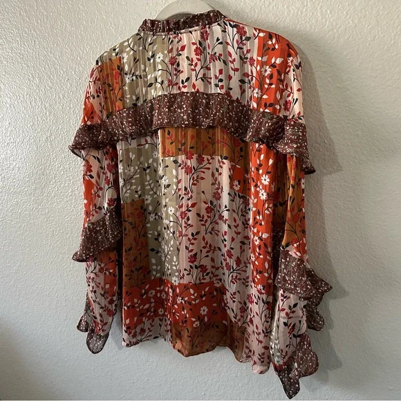 Grace & Lace | Boho Patchwork Flowy Ruffle Long Sleeve Floral Blouse Size Small - Picture 6 of 11